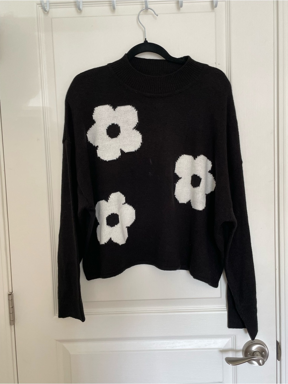H&M Black Knit Cowl Sweater with White Floral Motif